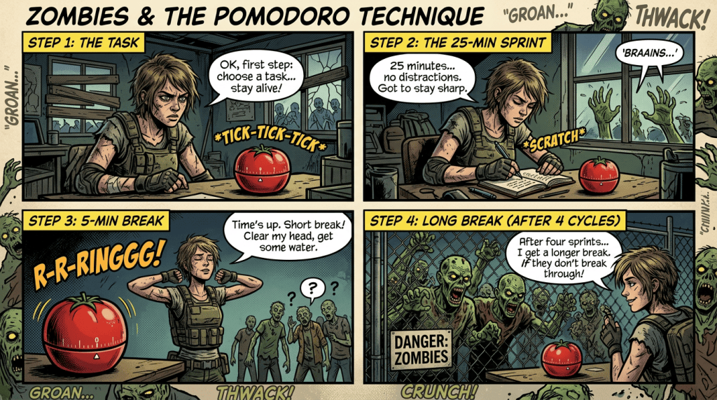 Comic titled Zombies & the Pomodoro Technique showing four timed productivity steps